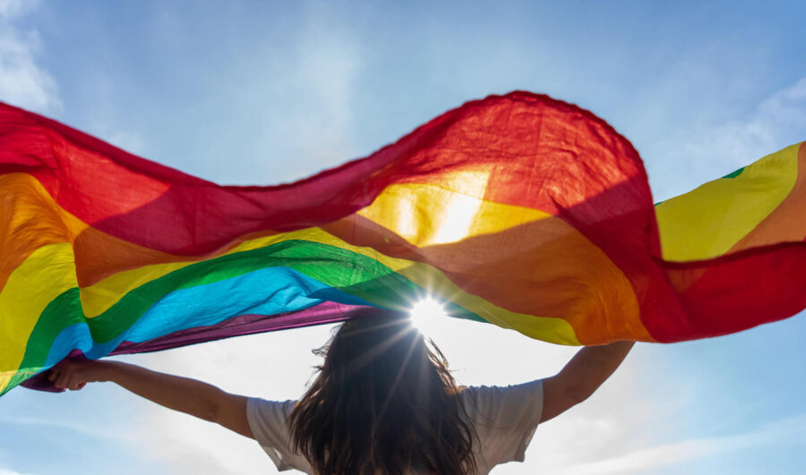 A person holds a pride flag above their head with the blue sky in the background.