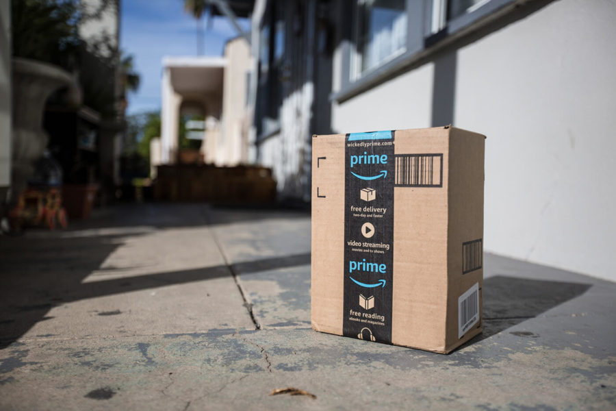 Cardboard package delivery at front door