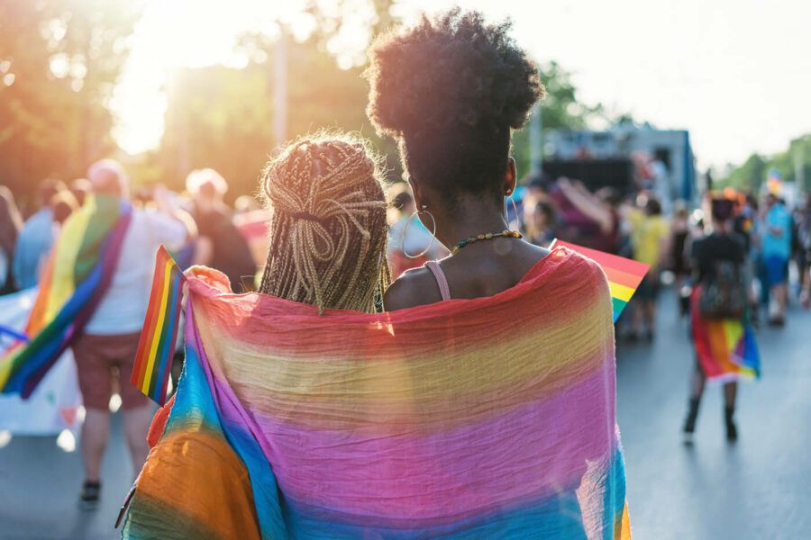 Rear view image of young female couple hugging with rainbow scarf draped around their shoulders and holding small pride flags at a pride event.