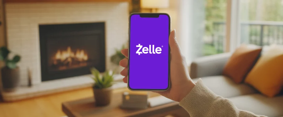 A person holding a smartphone displaying the Zelle logo on a bright purple screen.
