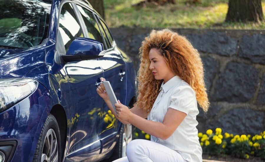 A female insurance agent is evaluating a car after the minor road accident