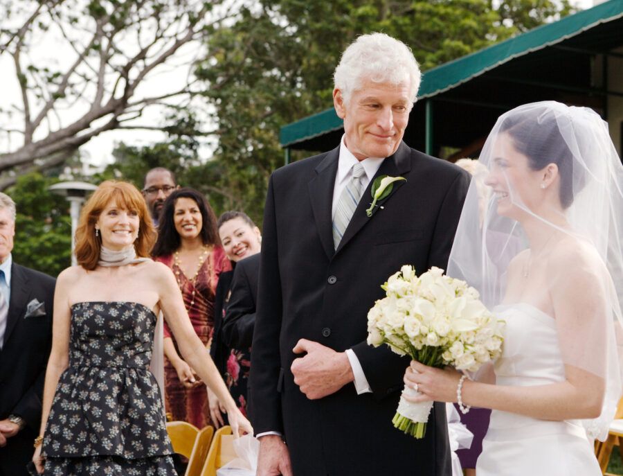 Father walking his daughter down the aisle at her wedding.