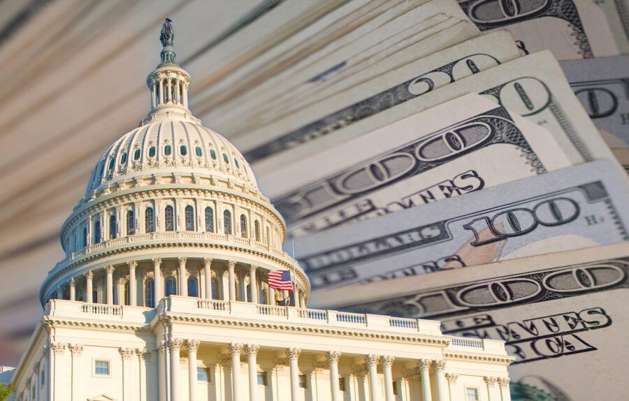 A US government building with money superimposed over its surroundings.