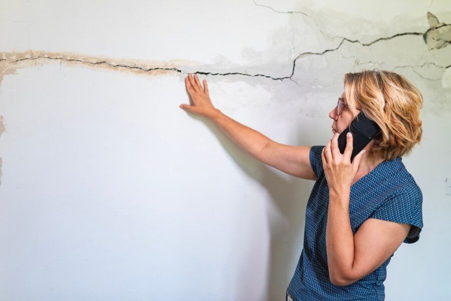 Mature woman is making a phone call to the insurance company while looking at the crack in the wall