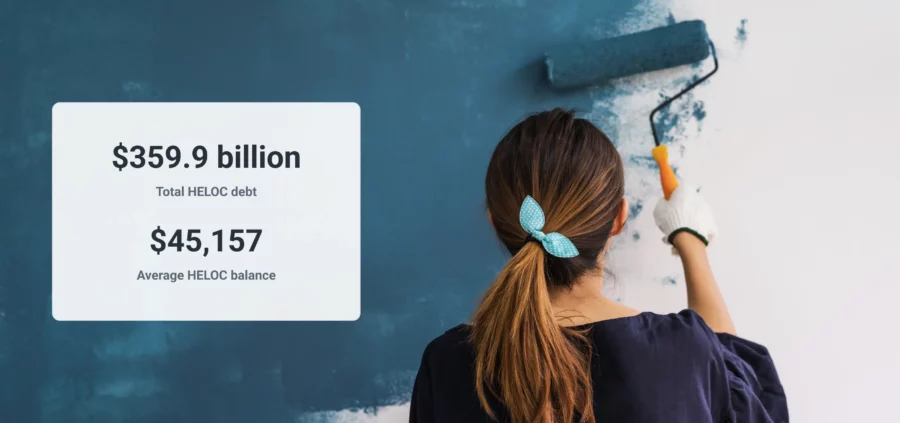 Image displaying key statistics on Home Equity Line of Credit (HELOC) balances, showing total HELOC debt at $359.9 billion and an average balance of $45,157. In the background, a woman with brown is painting a wall dark blue with a paint roller.