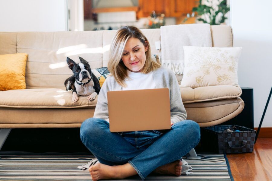 Woman sitting comfortably with a laptop on the floor in the sunny living room with a Boston terrier dog next to her on the sofa