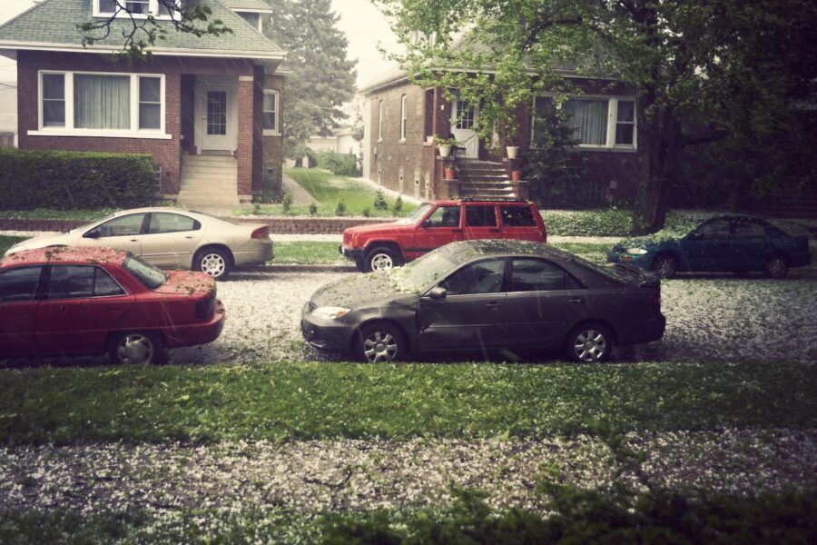 Hail in a Chicago neighborhood street during a spring afternoon.