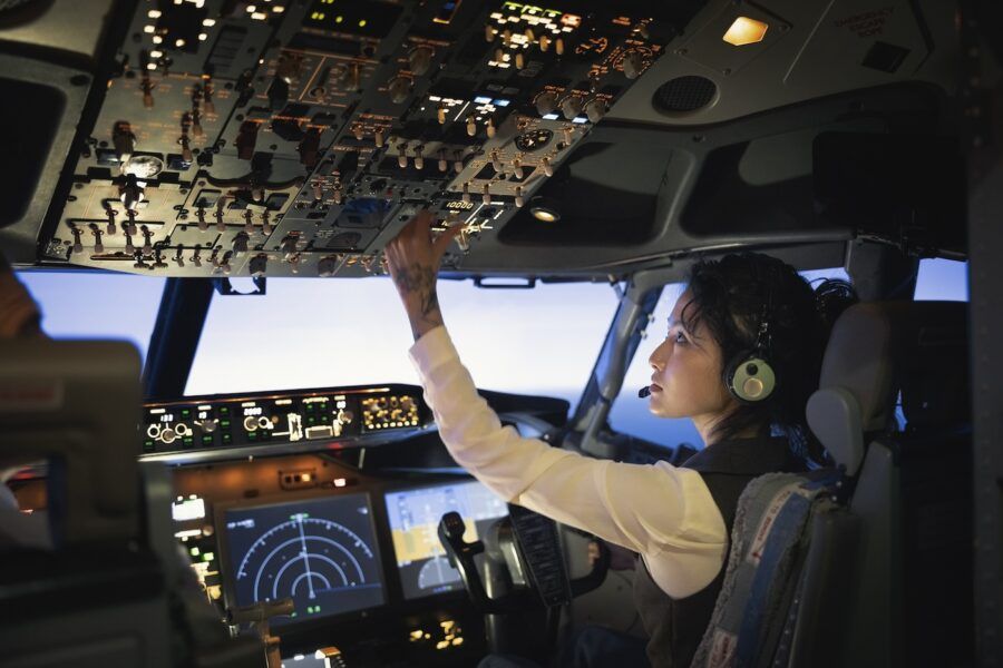 A female pilot adjusting switches on the control panel while sitting inside cockpit.