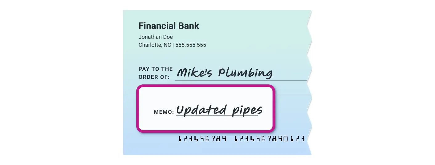 Step 5 - Memo Line. Check with the memo line filled in, demonstrating where to note the purpose of the payment.