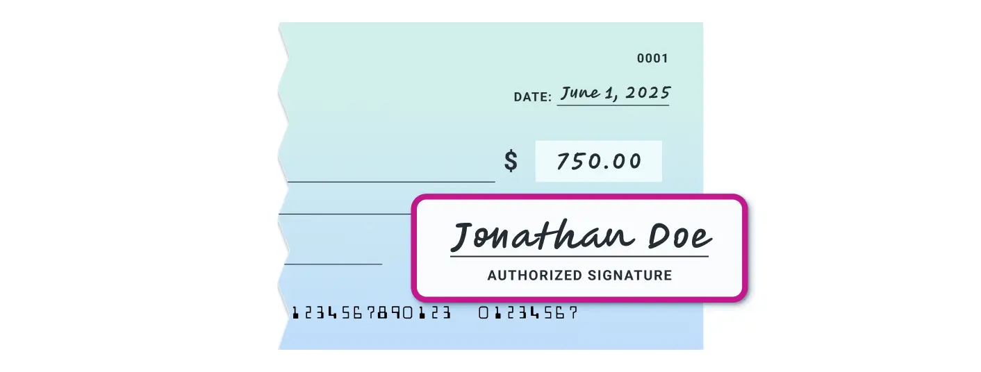 Step 6 - Signature Line. Check highlighting the signature line signed as Jonathan Doe, showing where to provide an authorized signature to complete the check.