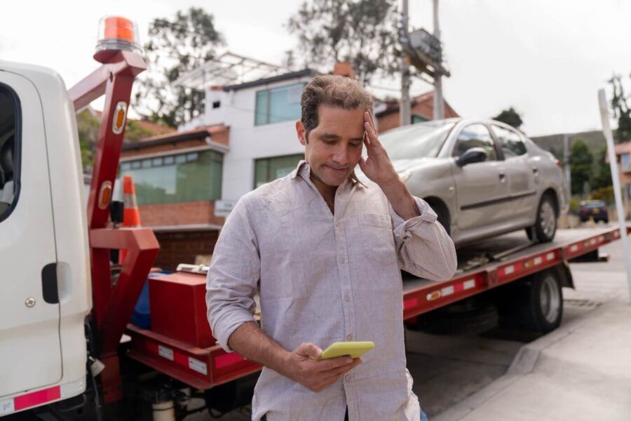 Concerned man standing near a tow truck while using a phone, with a car loaded onto the truck in a residential street