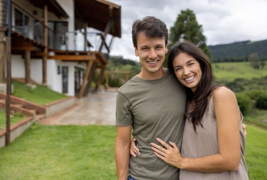 Happy loving couple standing outside of their house in the countryside