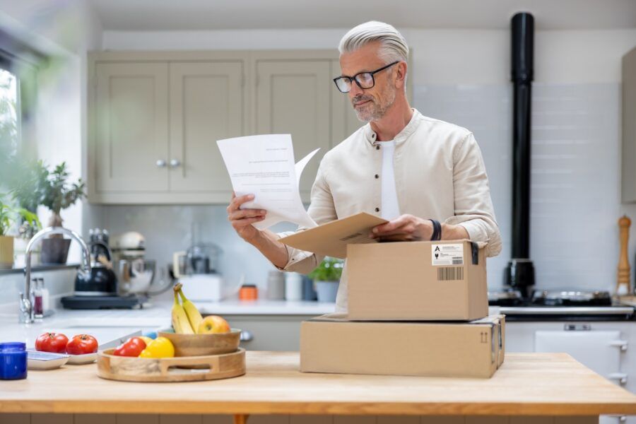 Casual man at home reading a letter while checking his mail in the kitchen.