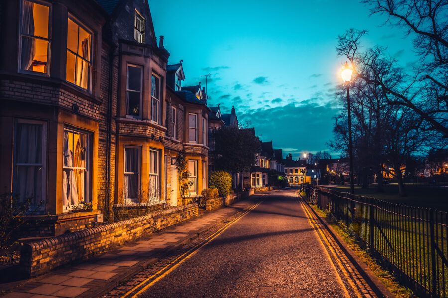 Twilight scene of row of pretty houses in Cambridge, UK