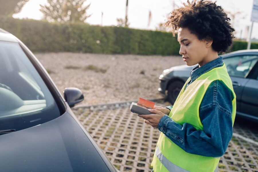 Female parking controller issues a parking ticker on the street parking